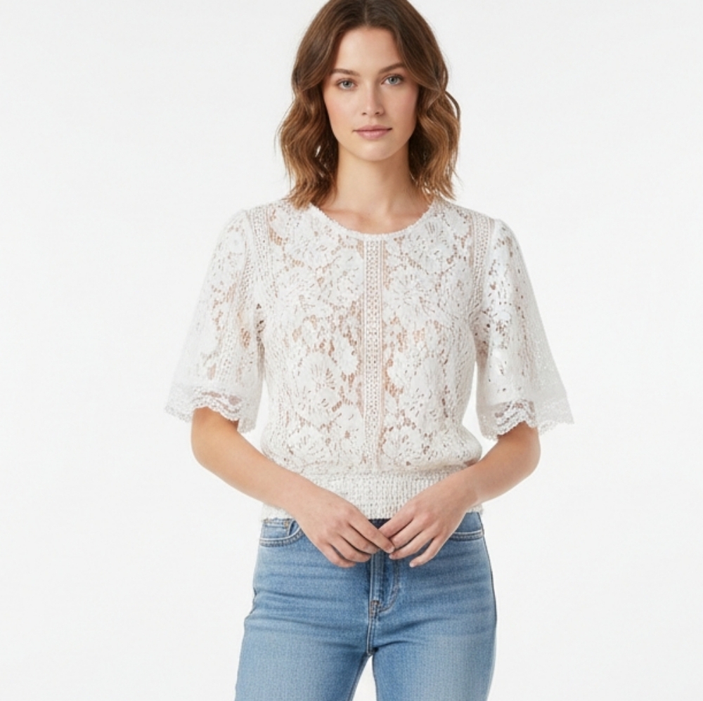 Peach Womens Romantic Sheer White Floral Lace Top Size S Coquette Cottagecore
